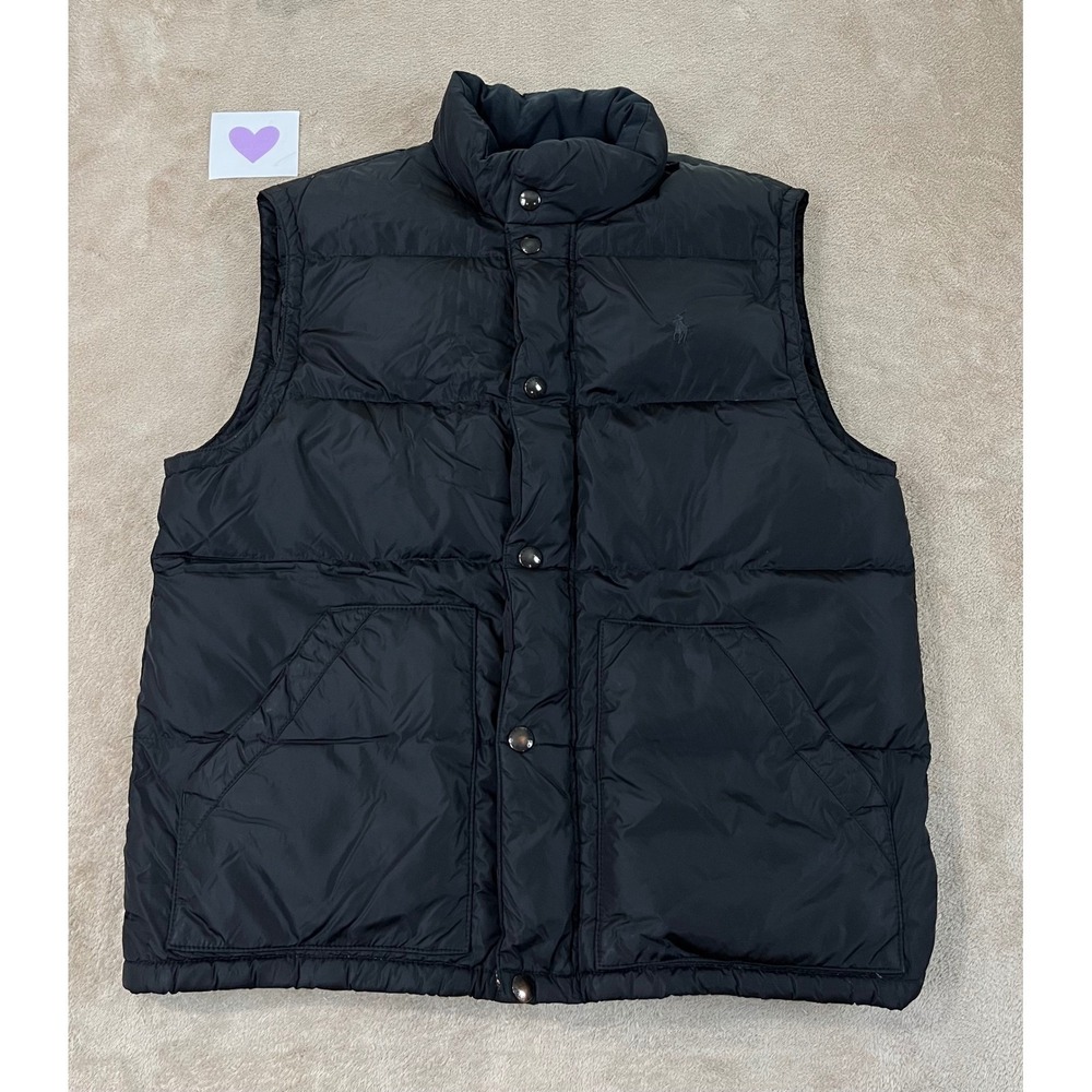 VTG Polo Ralph Lauren Down Puffer Vest Mens M Black Nylon Quilted Sleeveless EUC